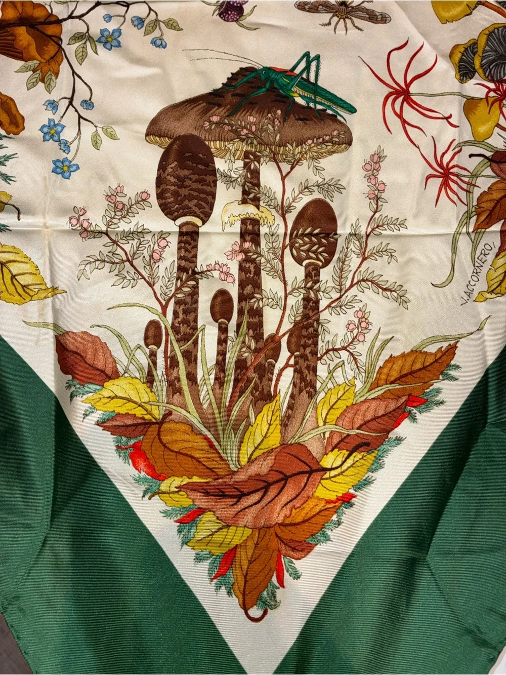 1960’s vintage Gucci Green Botanical Print Silk Scarf, xl 34”